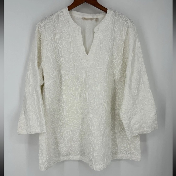 Soft Surroundings Split Neck Top 2X White Embroidered Lined Boho Peasant Career - Picture 2 of 14